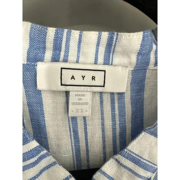 AYR Dress Womens XS Blue Striped Maxi Linen Button Tie Front Pockets Coastal - Picture 2 of 8